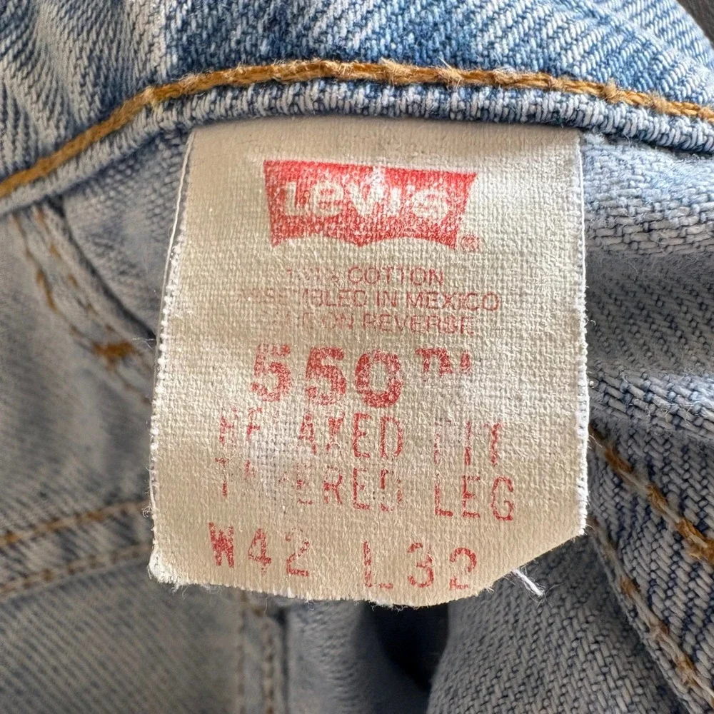 VTG 90s Levis 550 Relaxed Fit Tapered Leg Jeans Mens 42x32 Light Wash Orange Tab